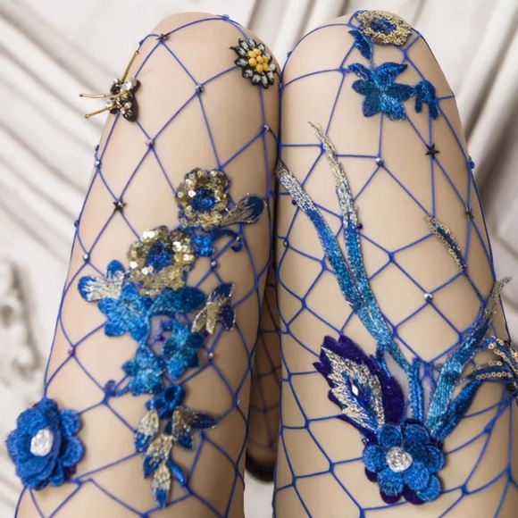 Accessories - Haute Couture Blue Diamond Fishnet Stockings with 3D Flowers & Crystal Bumblebee